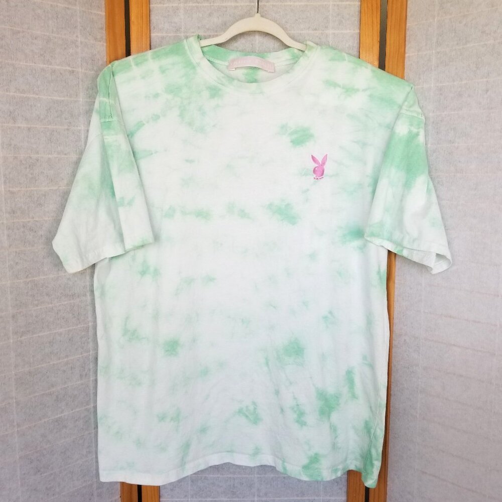 Playboy X Missguided Tie-Dye T-Shirt Oversized Green Pink Playboy Bunny Logo XL